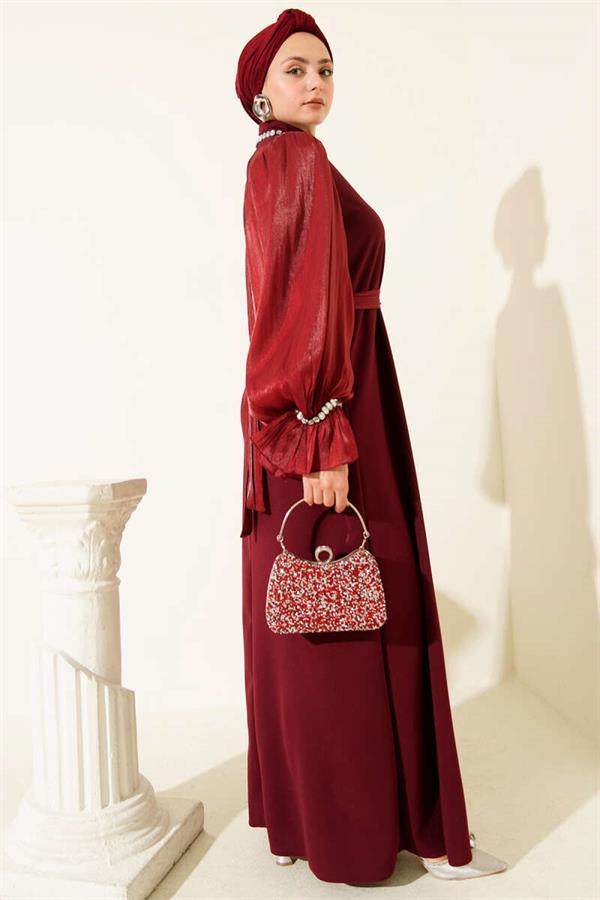 Pearl Detailed Belted Evening Dress Burgundy