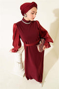 Pearl Detailed Belted Evening Dress Burgundy