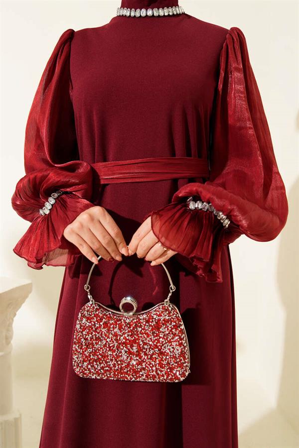 Pearl Detailed Belted Evening Dress Burgundy