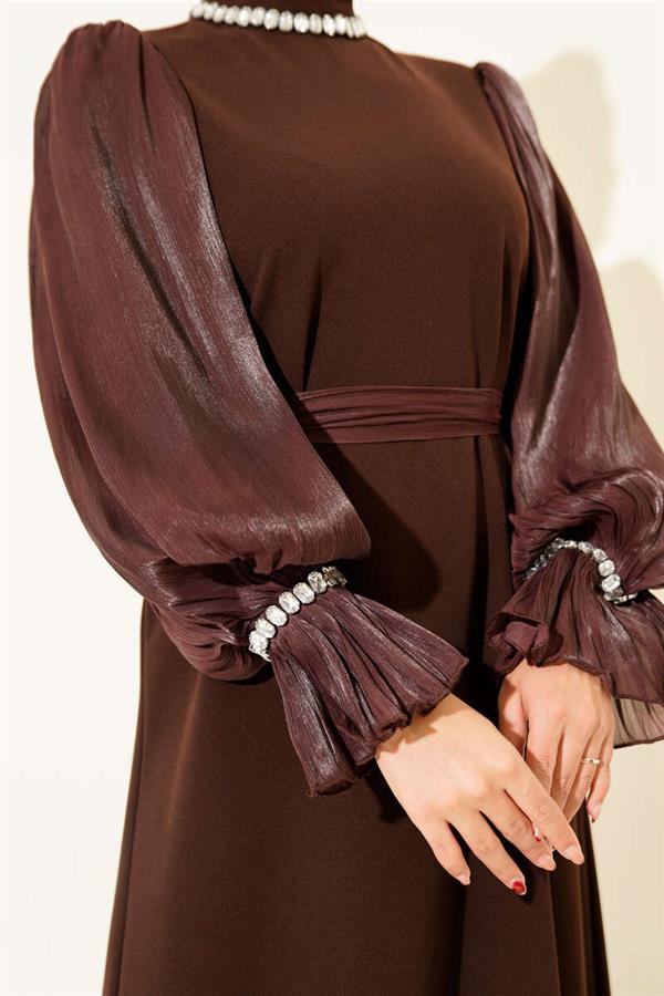 Pearl Detailed Belted Evening Dress Brown