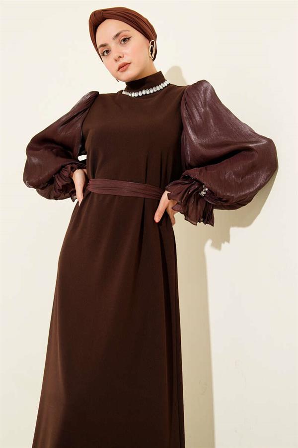 Pearl Detailed Belted Evening Dress Brown