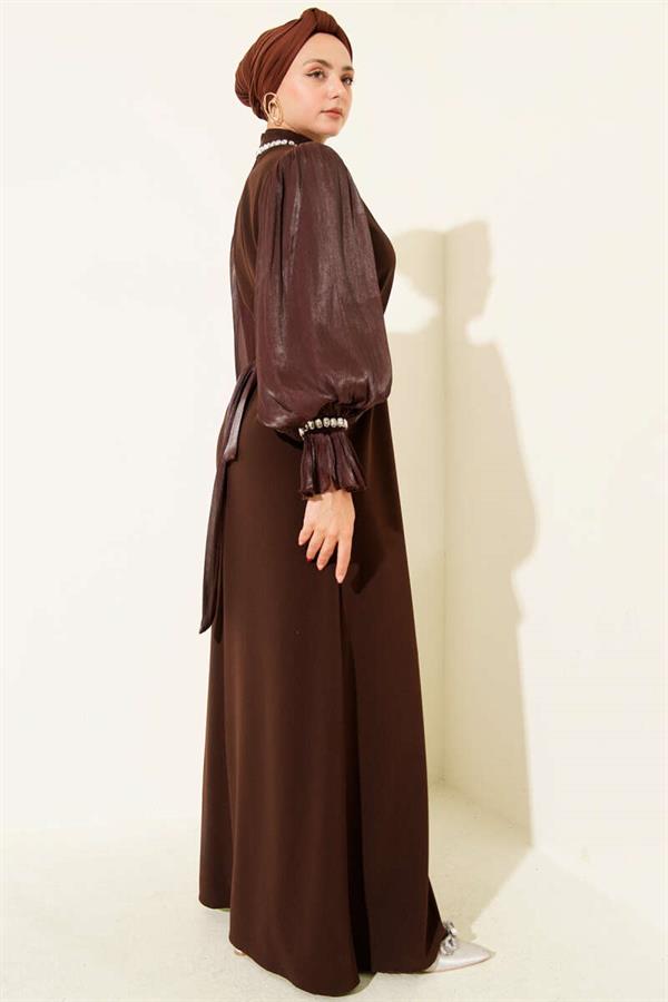 Pearl Detailed Belted Evening Dress Brown