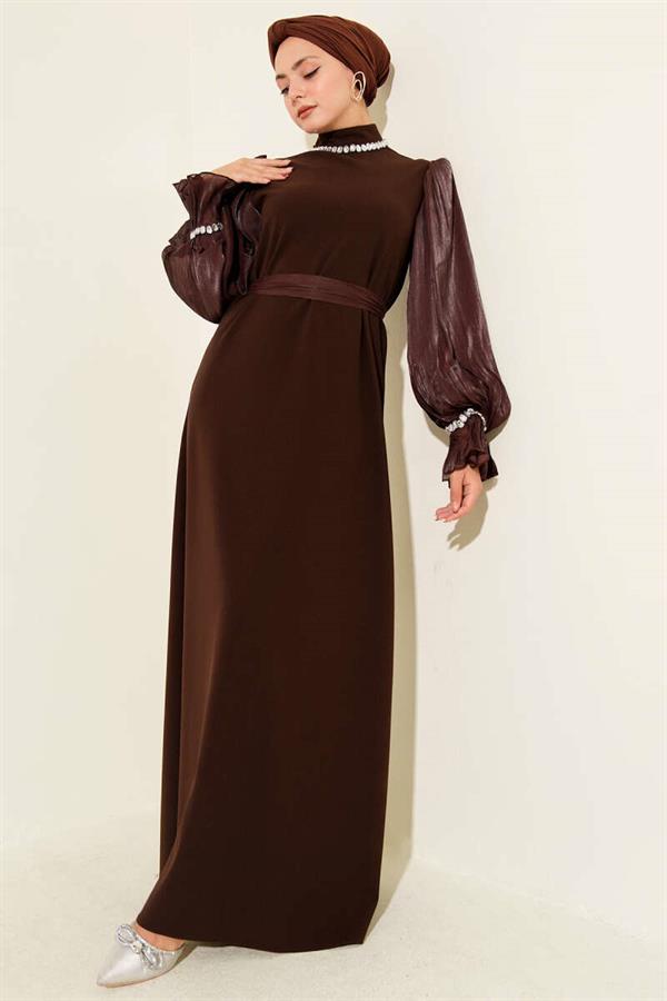 Pearl Detailed Belted Evening Dress Brown