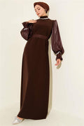 Pearl Detailed Belted Evening Dress Brown