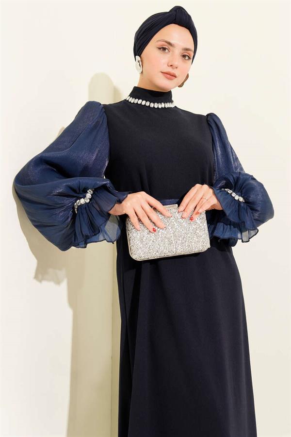 Pearl Detailed Belted Evening Dress Navy Blue