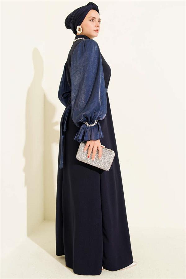 Pearl Detailed Belted Evening Dress Navy Blue