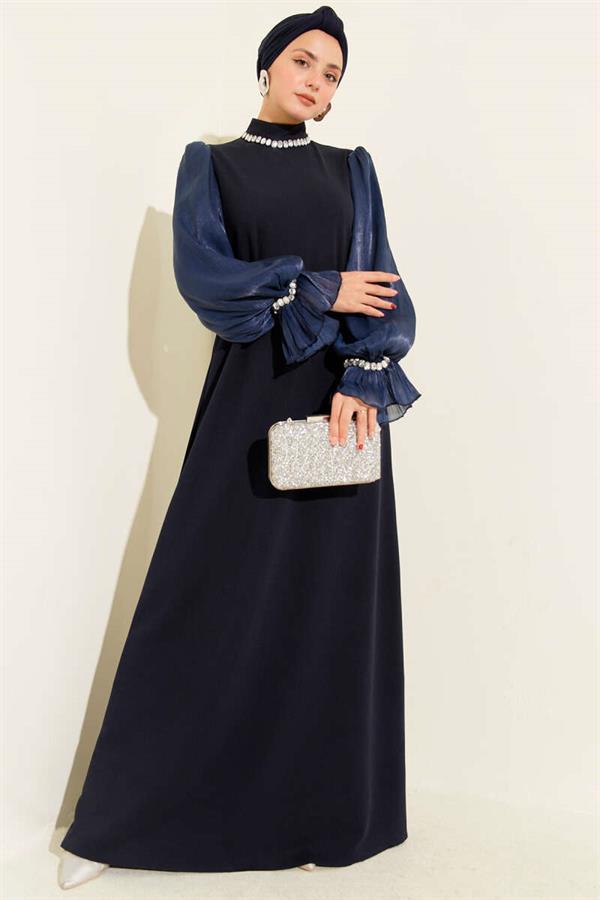 Pearl Detailed Belted Evening Dress Navy Blue