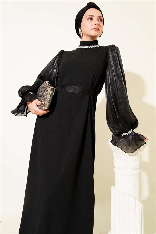 Pearl Detailed Belted Evening Dress Black