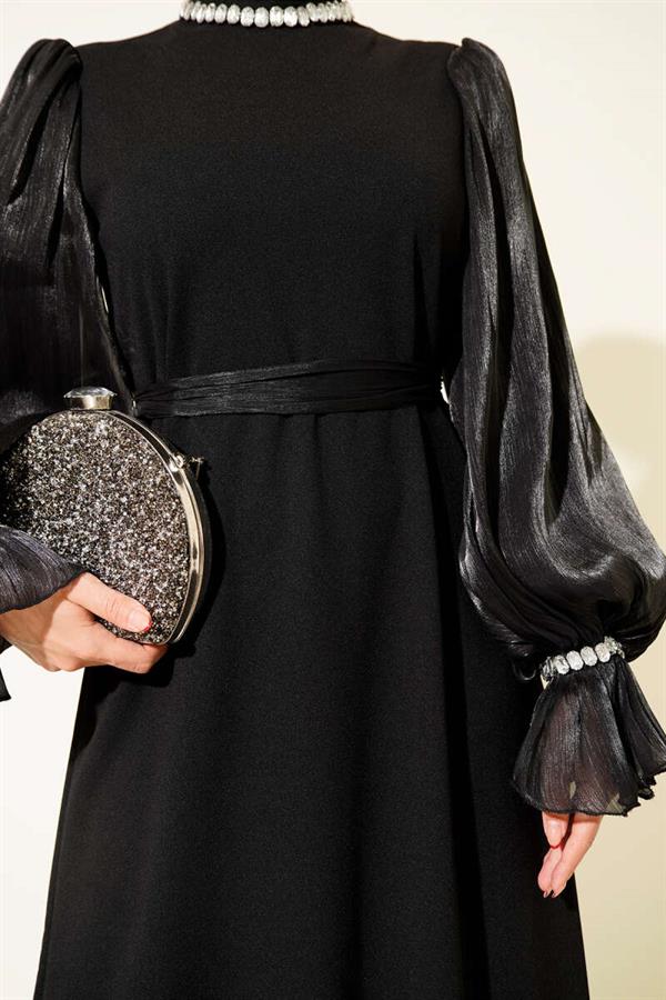 Pearl Detailed Belted Evening Dress Black