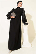 Pearl Detailed Belted Evening Dress Black