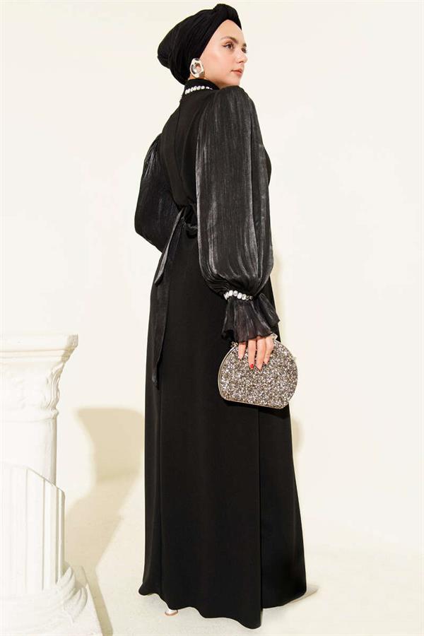 Pearl Detailed Belted Evening Dress Black