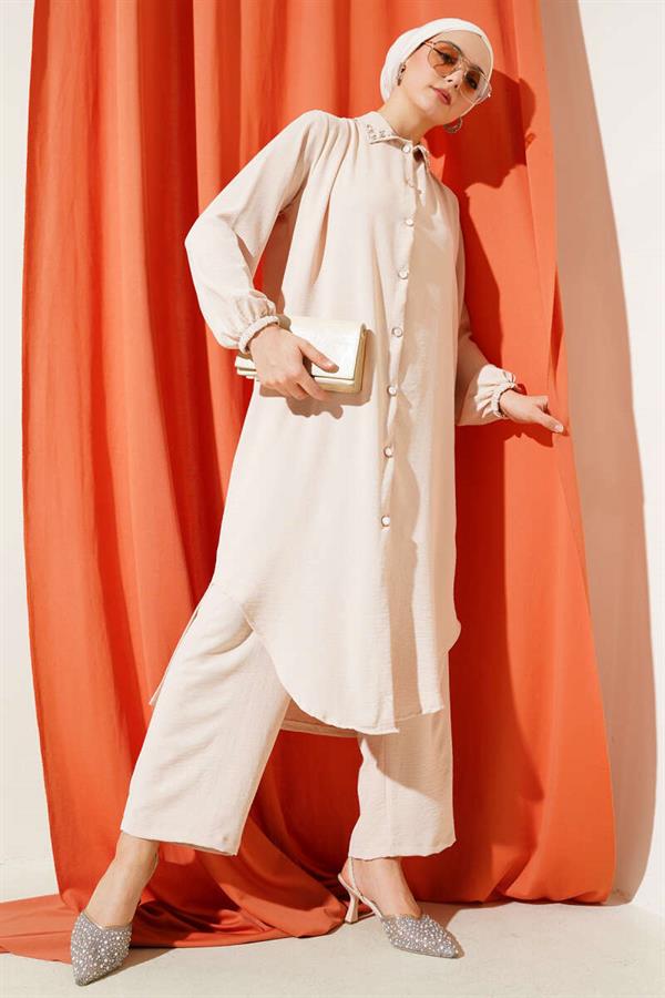 Pearl Collar Long Tunic 2 Piece Set Beige