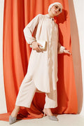 Pearl Collar Long Tunic 2 Piece Set Beige