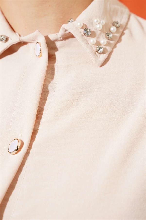Pearl Collar Long Tunic 2 Piece Set Beige