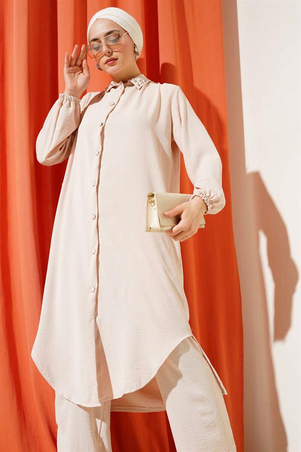 Pearl Collar Long Tunic 2 Piece Set Beige