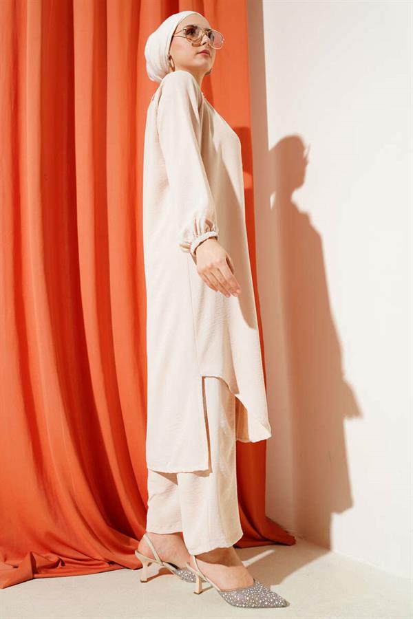 Pearl Collar Long Tunic 2 Piece Set Beige