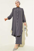 Pearl Collar Long Tunic 2 Piece Set Smoke