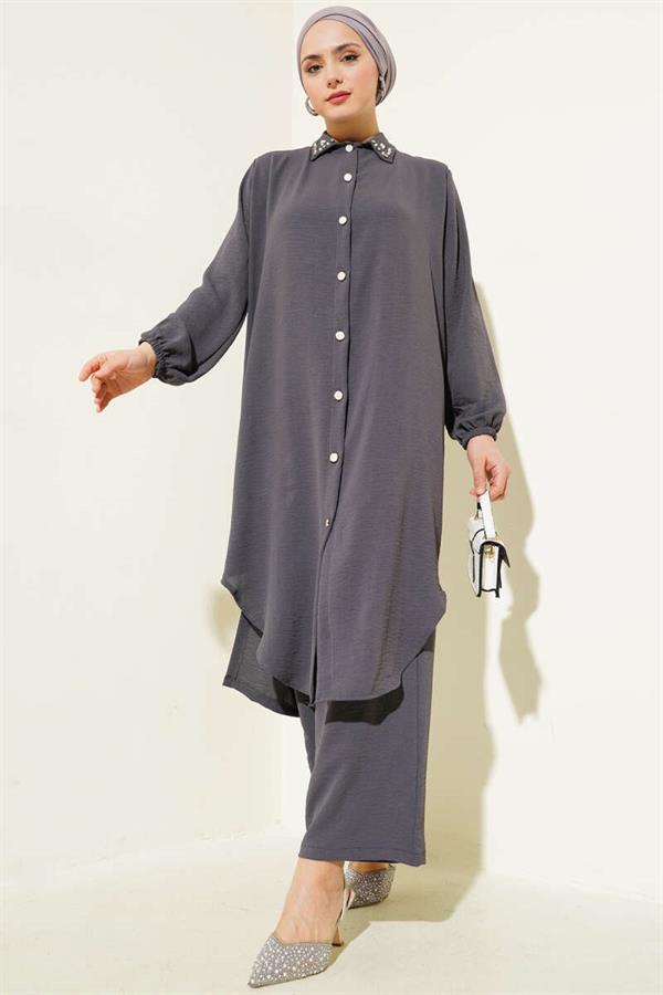 Pearl Collar Long Tunic 2 Piece Set Smoke