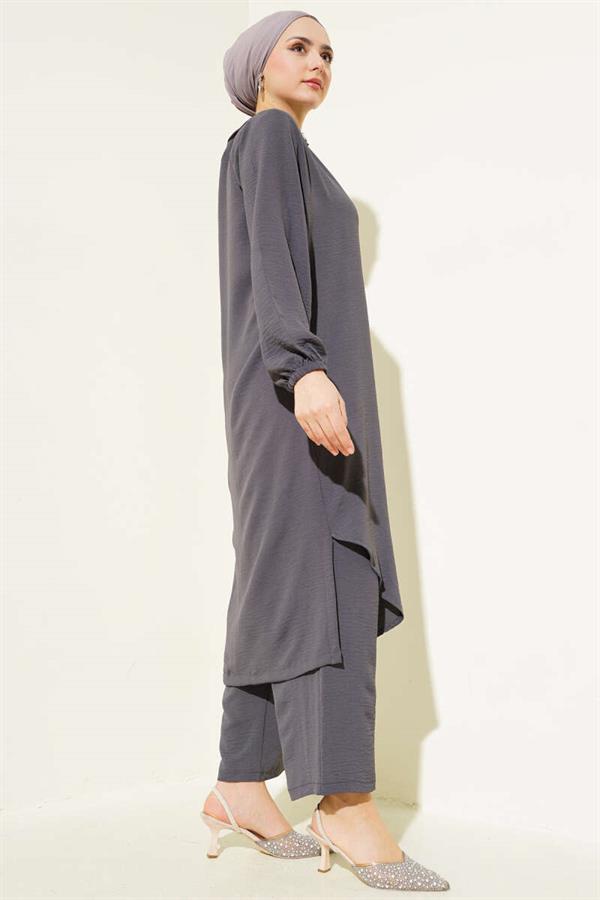 Pearl Collar Long Tunic 2 Piece Set Smoke