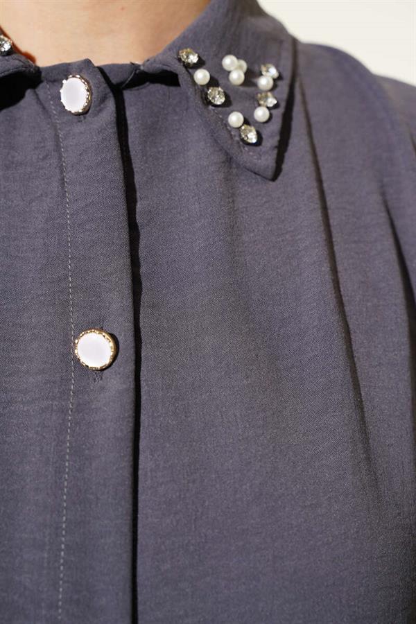 Pearl Collar Long Tunic 2 Piece Set Smoke