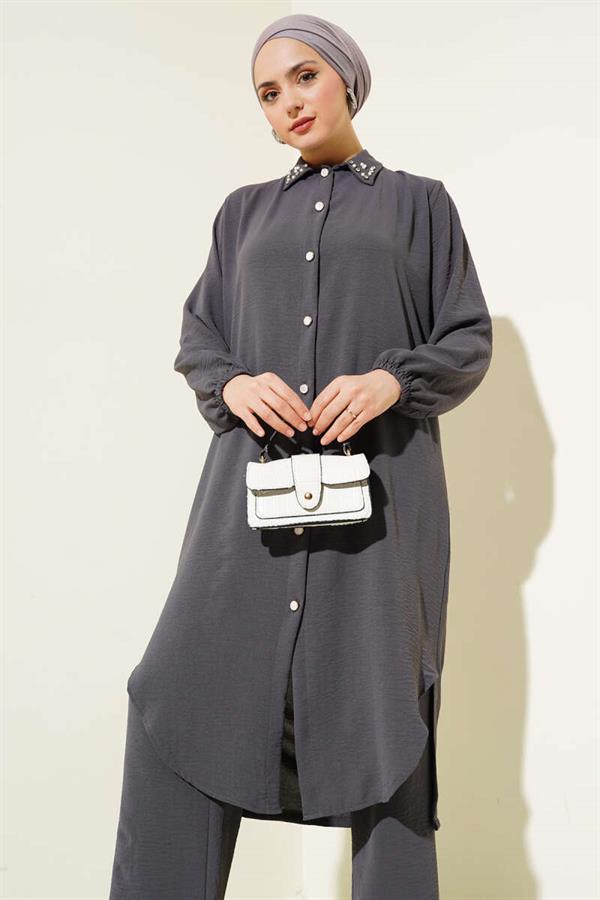 Pearl Collar Long Tunic 2 Piece Set Smoke