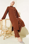 Pearl Collar Long Tunic 2 Piece Set Brown