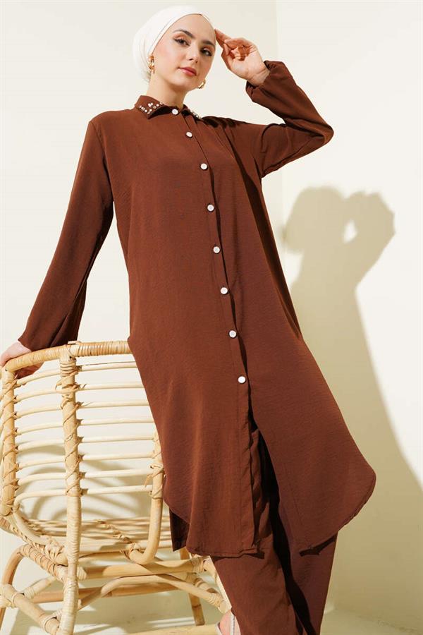 Pearl Collar Long Tunic 2 Piece Set Brown