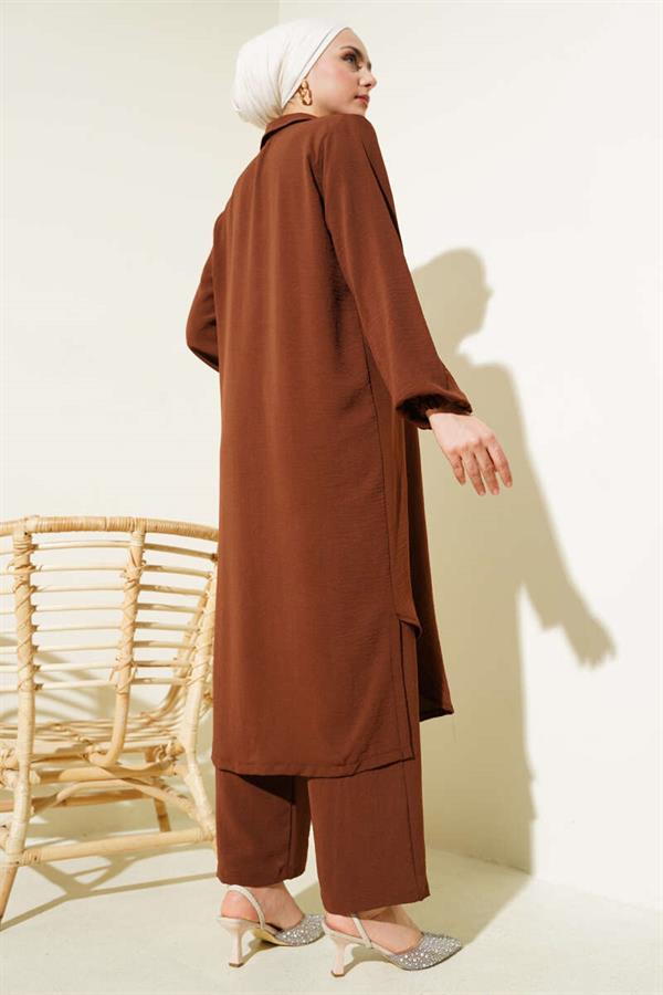 Pearl Collar Long Tunic 2 Piece Set Brown