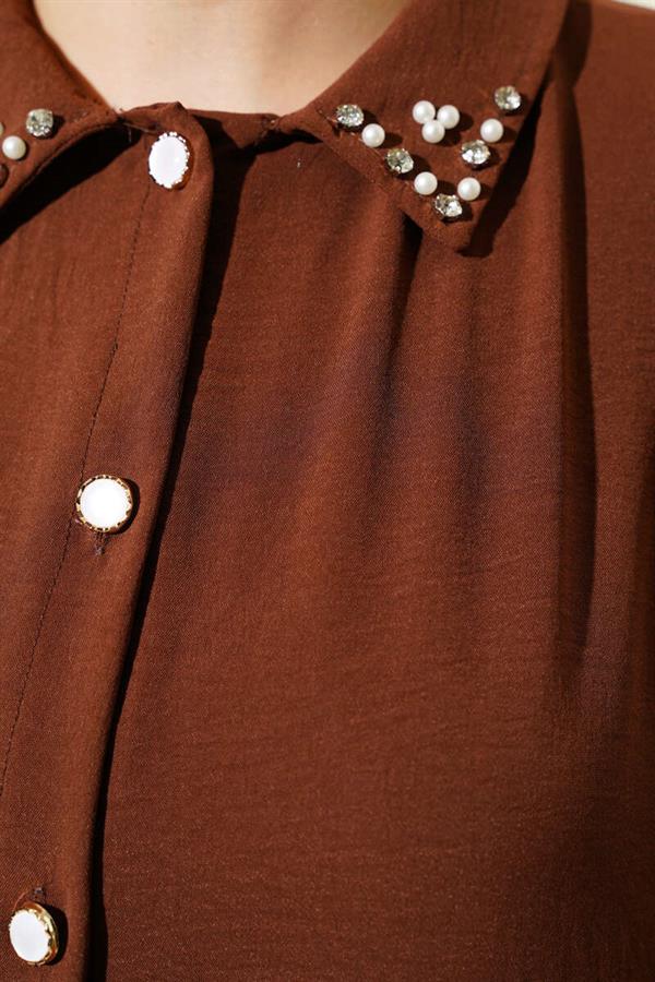 Pearl Collar Long Tunic 2 Piece Set Brown