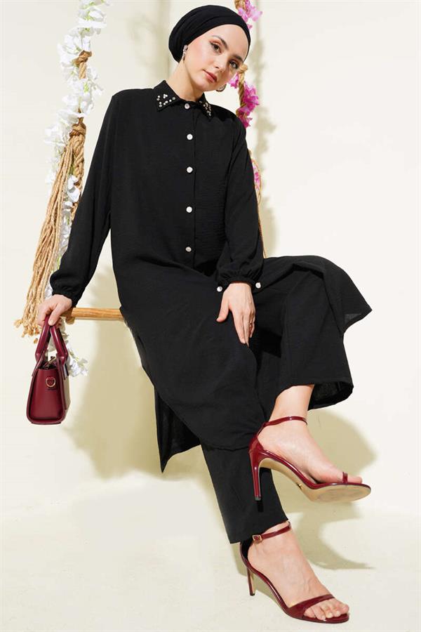Pearl Collar Long Tunic 2 Piece Set Black