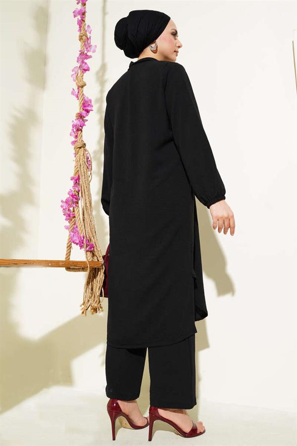 Pearl Collar Long Tunic 2 Piece Set Black