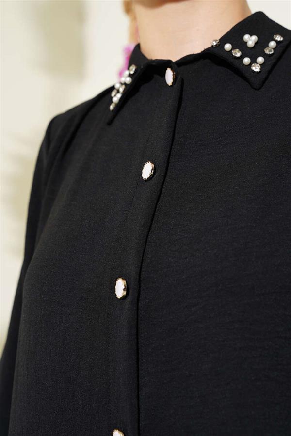 Pearl Collar Long Tunic 2 Piece Set Black