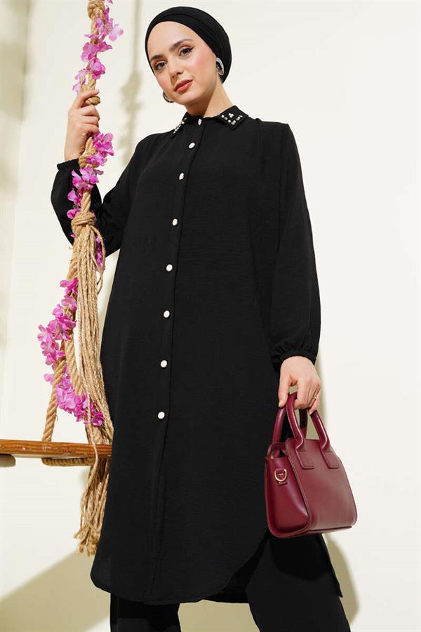 Pearl Collar Long Tunic 2 Piece Set Black