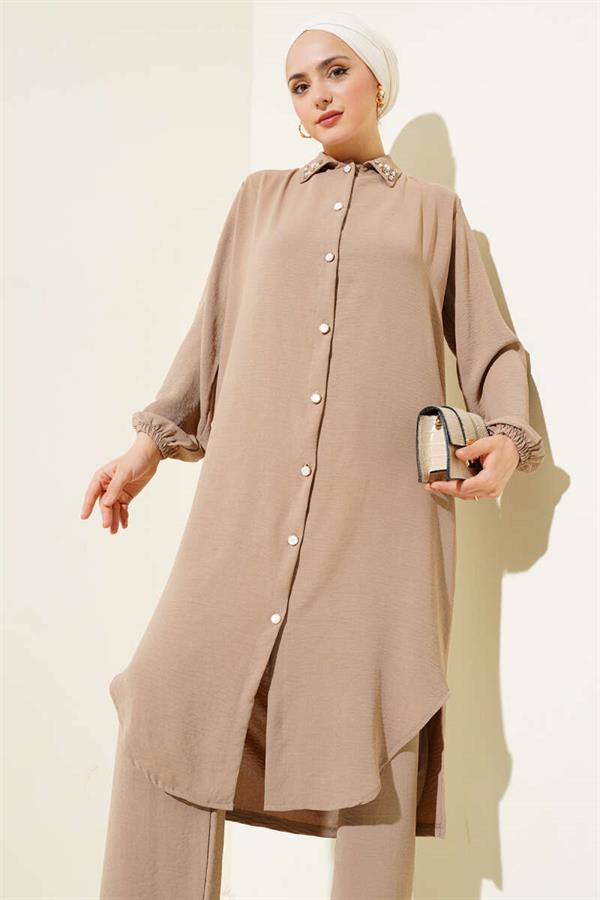 Pearl Collar Long Tunic 2 Piece Set Mink
