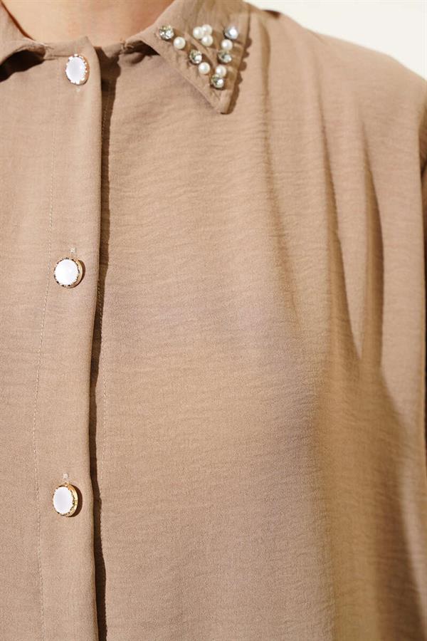 Pearl Collar Long Tunic 2 Piece Set Mink