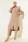 Pearl Collar Long Tunic 2 Piece Set Mink