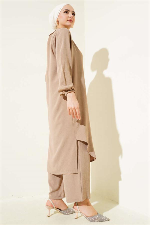 Pearl Collar Long Tunic 2 Piece Set Mink