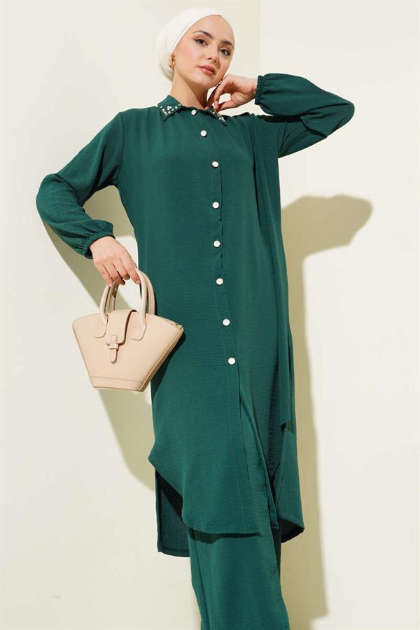 Pearl Collar Long Tunic 2 Piece Set Emerald