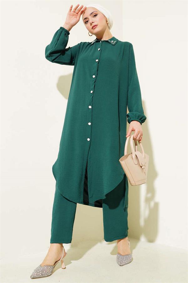 Pearl Collar Long Tunic 2 Piece Set Emerald