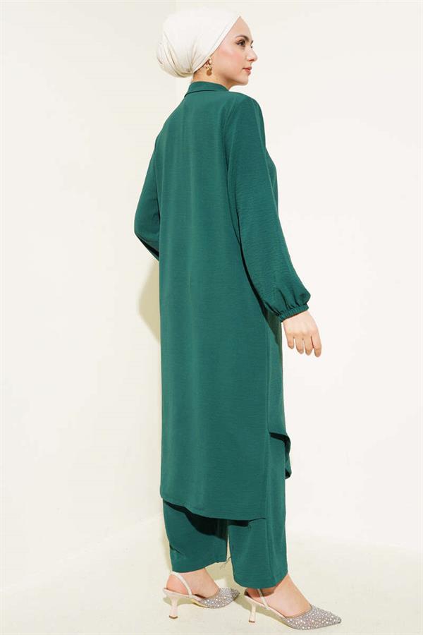 Pearl Collar Long Tunic 2 Piece Set Emerald
