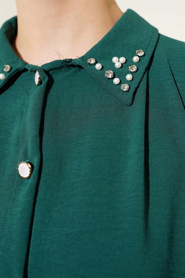 Pearl Collar Long Tunic 2 Piece Set Emerald