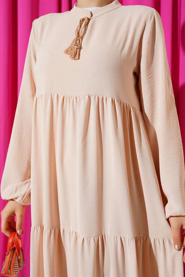 Beige Layered Dress with Collar and Lace Detail