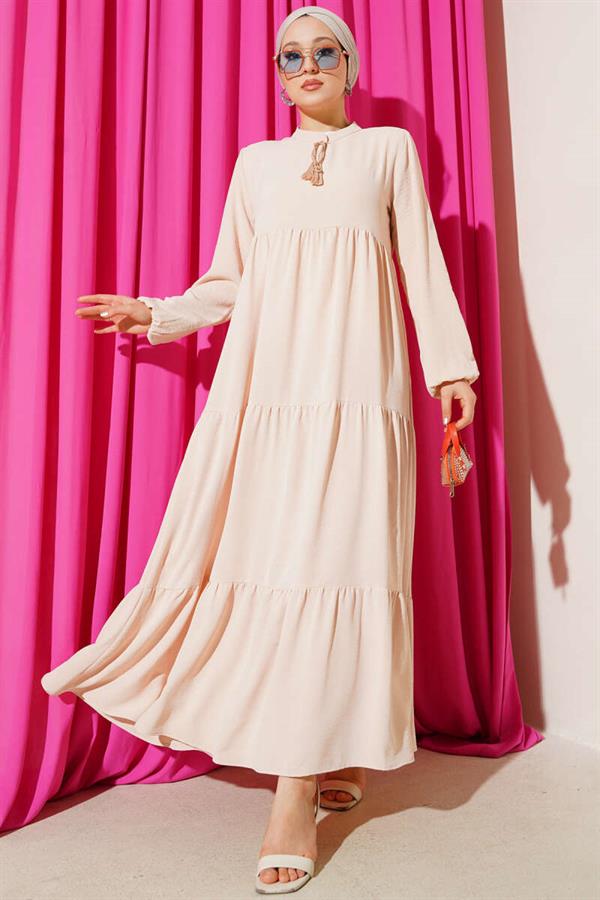 Beige Layered Dress with Collar and Lace Detail