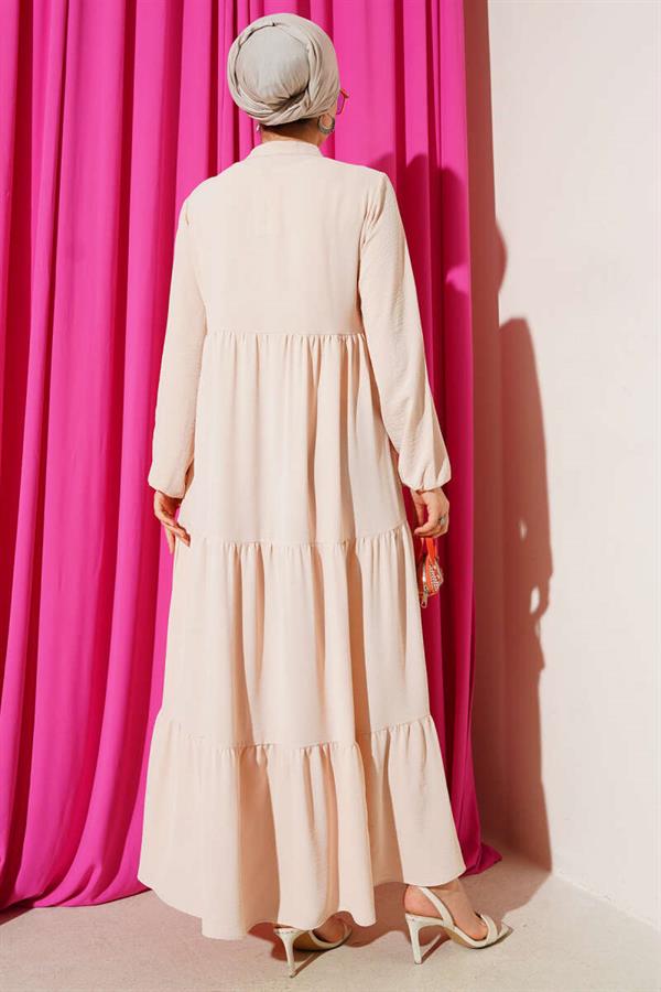 Beige Layered Dress with Collar and Lace Detail