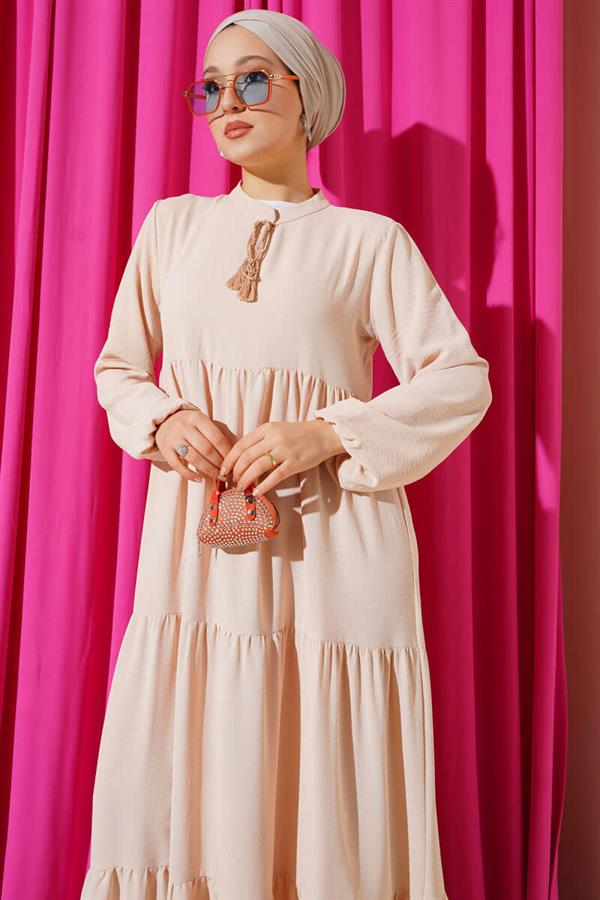 Beige Layered Dress with Collar and Lace Detail
