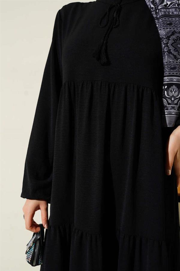 Black Layered Dress with Lace Collar Detail