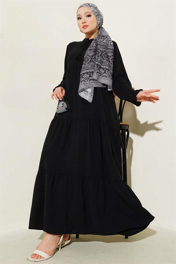 Black Layered Dress with Lace Collar Detail