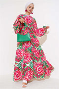 Batwing Collar Dress Fuchsia Green
