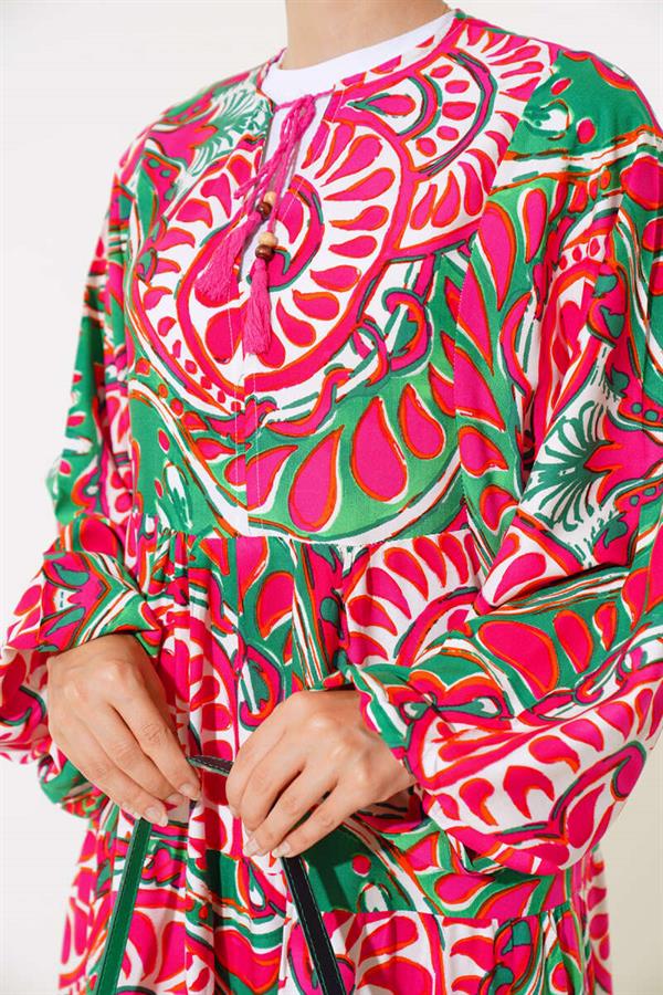 Batwing Collar Dress Fuchsia Green