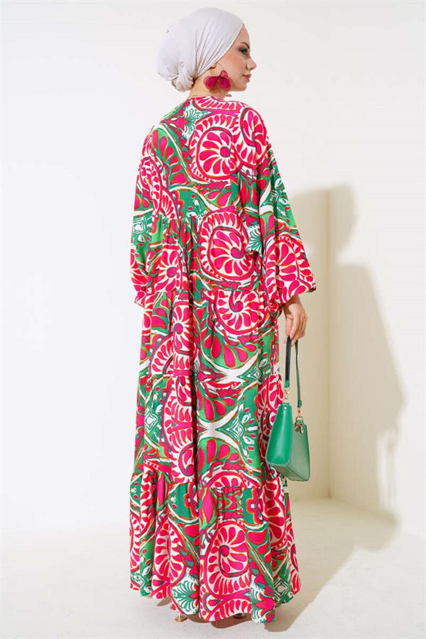 Batwing Collar Dress Fuchsia Green